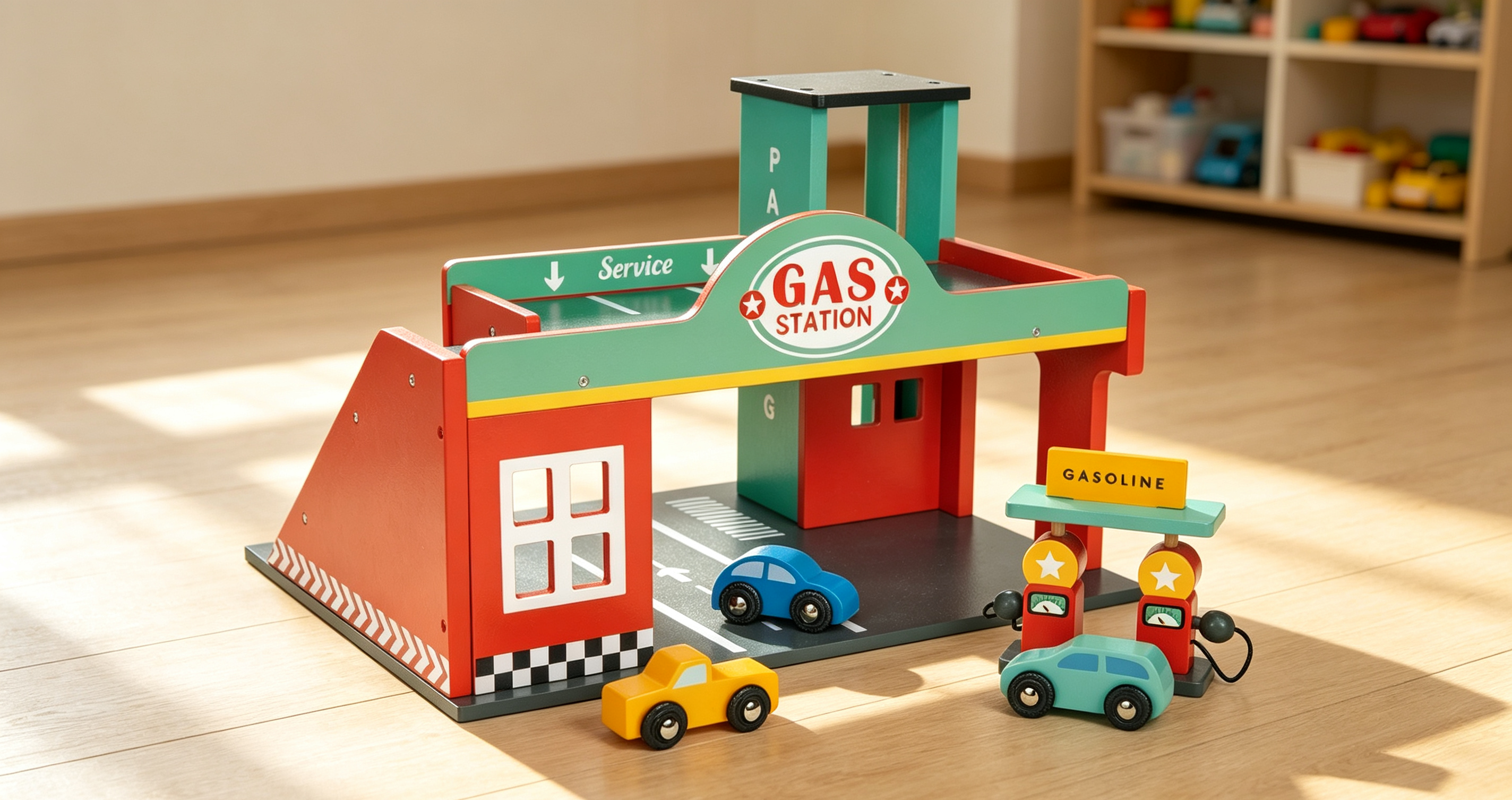 Wooden Gas Station Toy with Working Lift