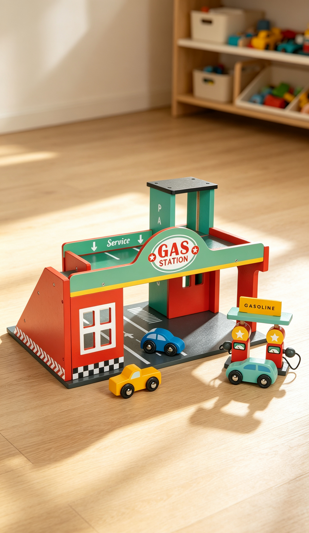 Wooden Gas Station Toy with Working Lift