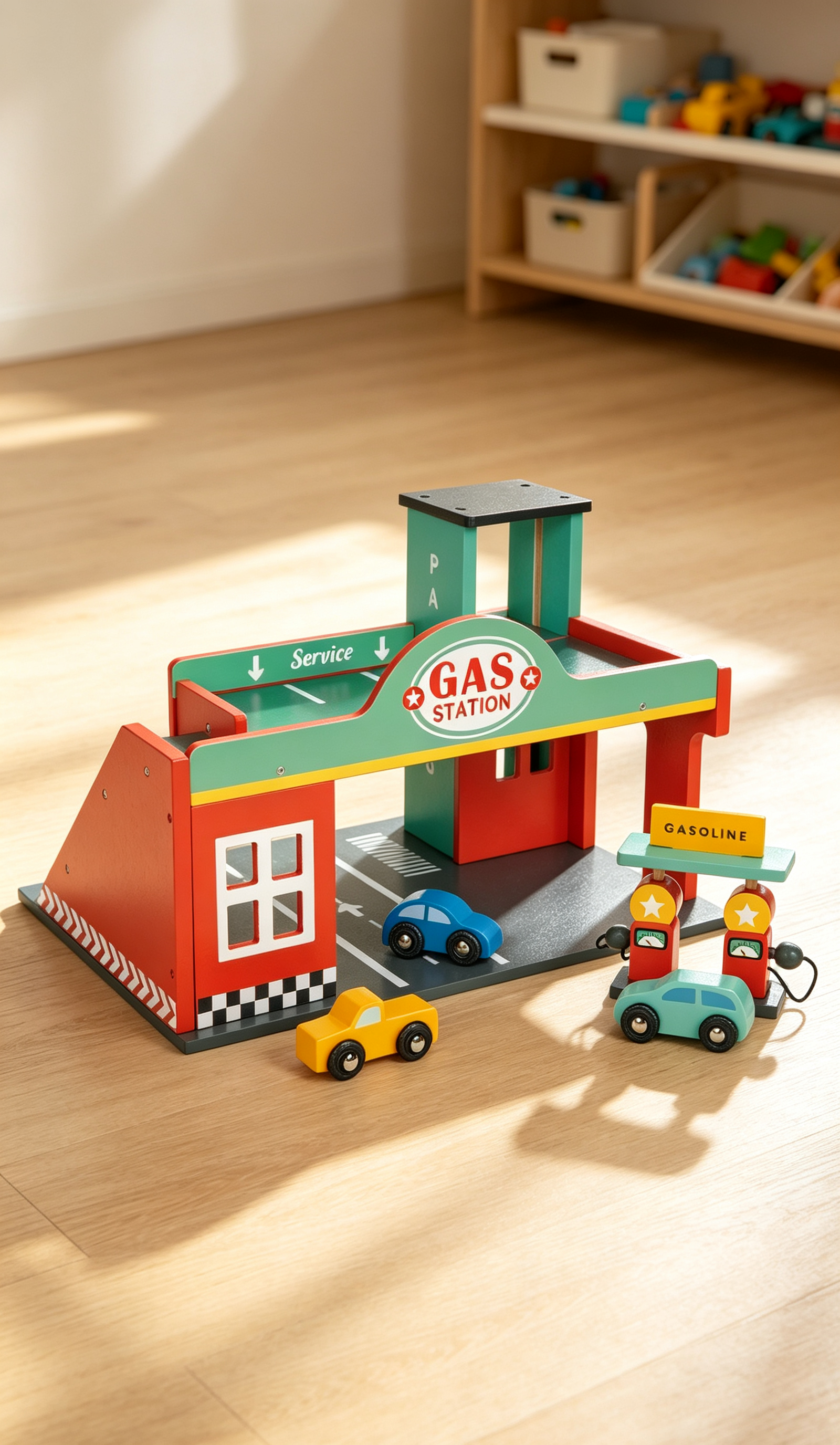 Wooden Gas Station Toy with Working Lift