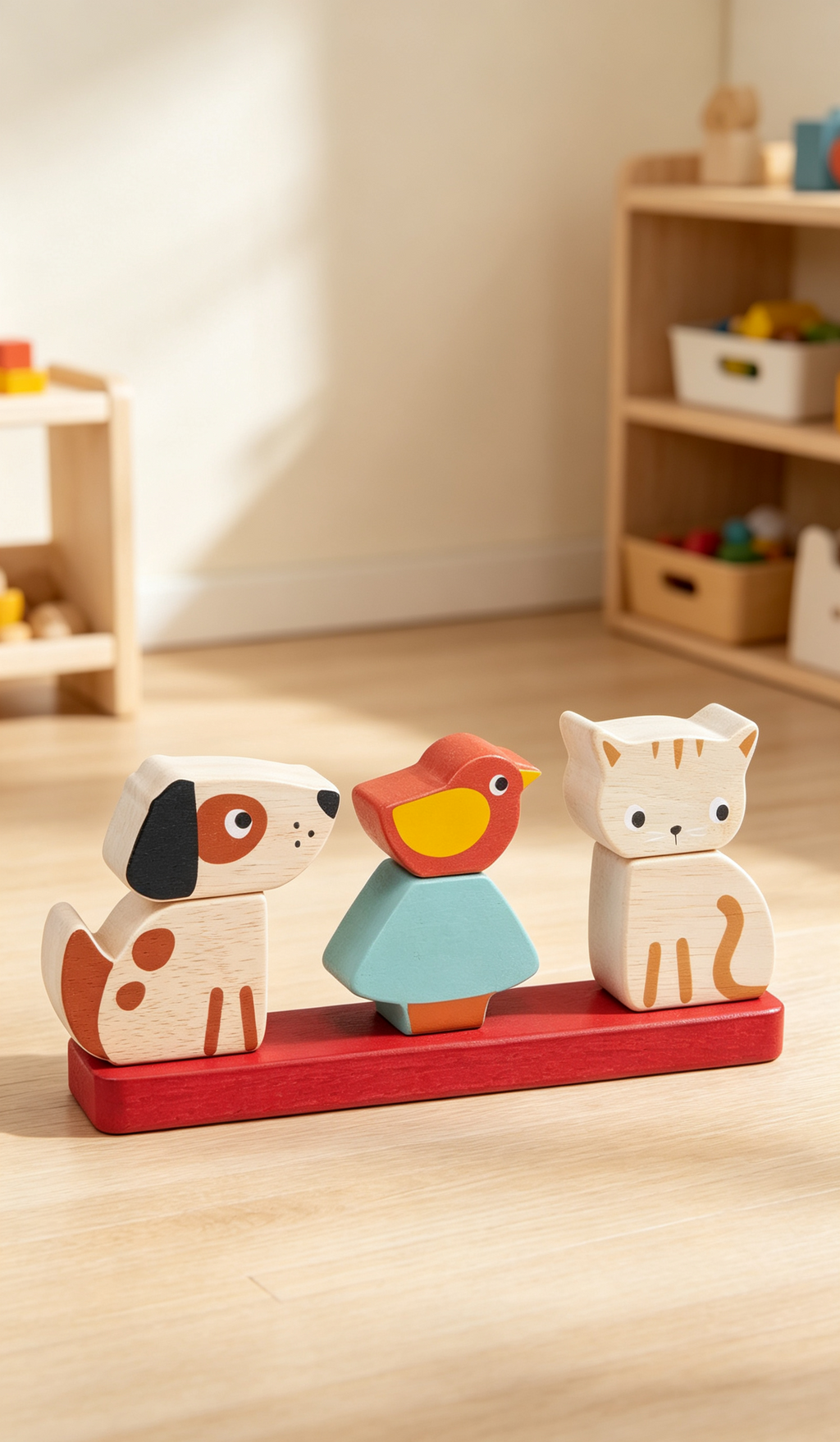 Wooden Kitten Puppy Bird Peg Stacking Toy for Babies