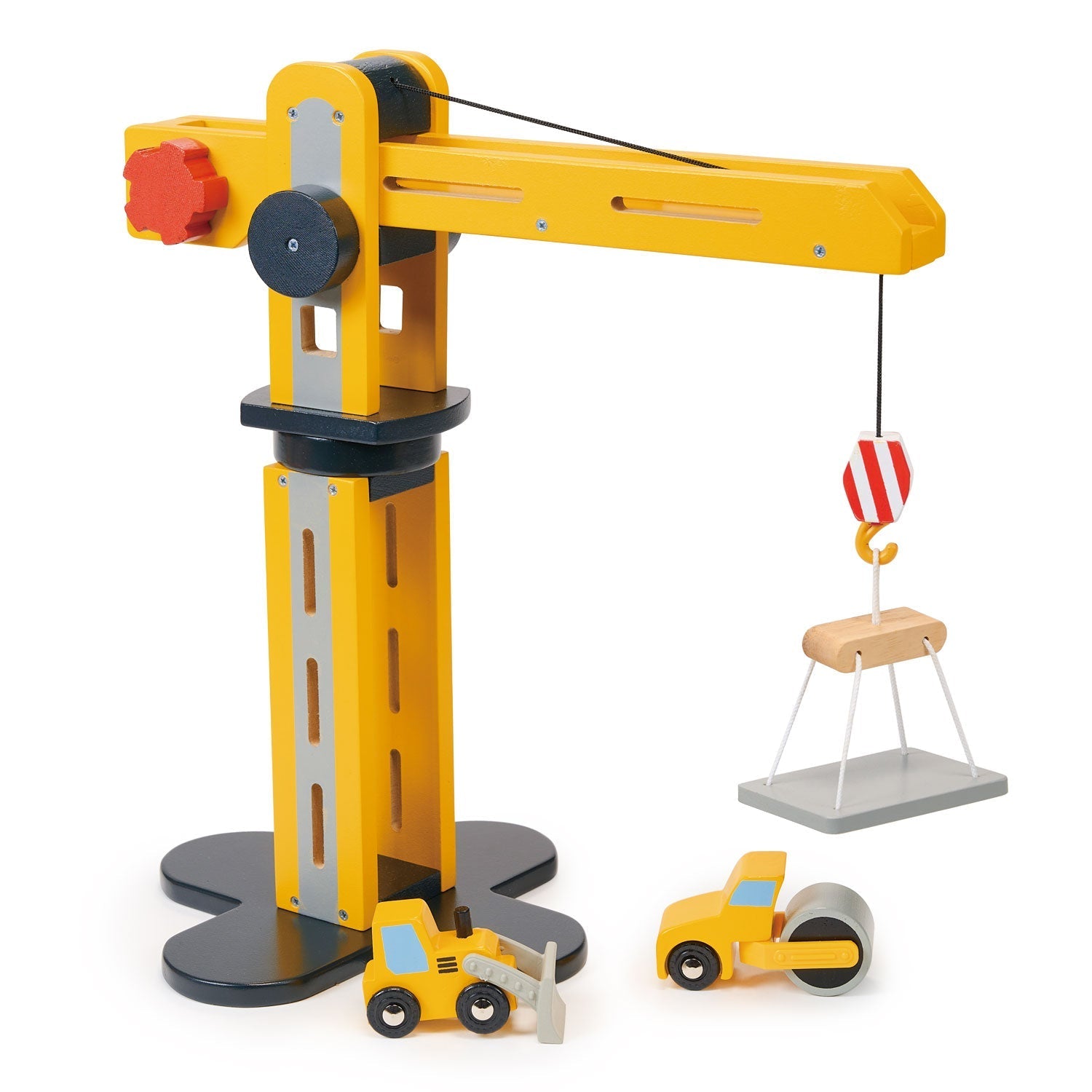 Big Yellow Wooden Crane Toy with Vehicles