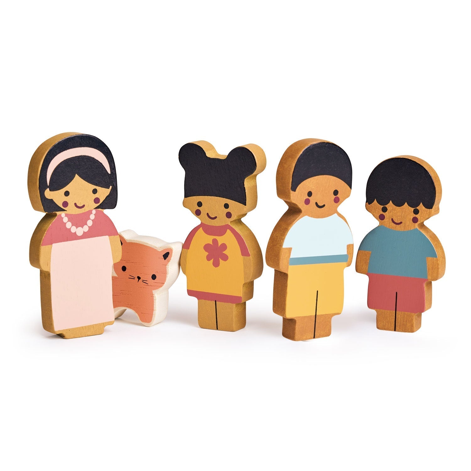 Wooden Doll Family with Cat Set of Five