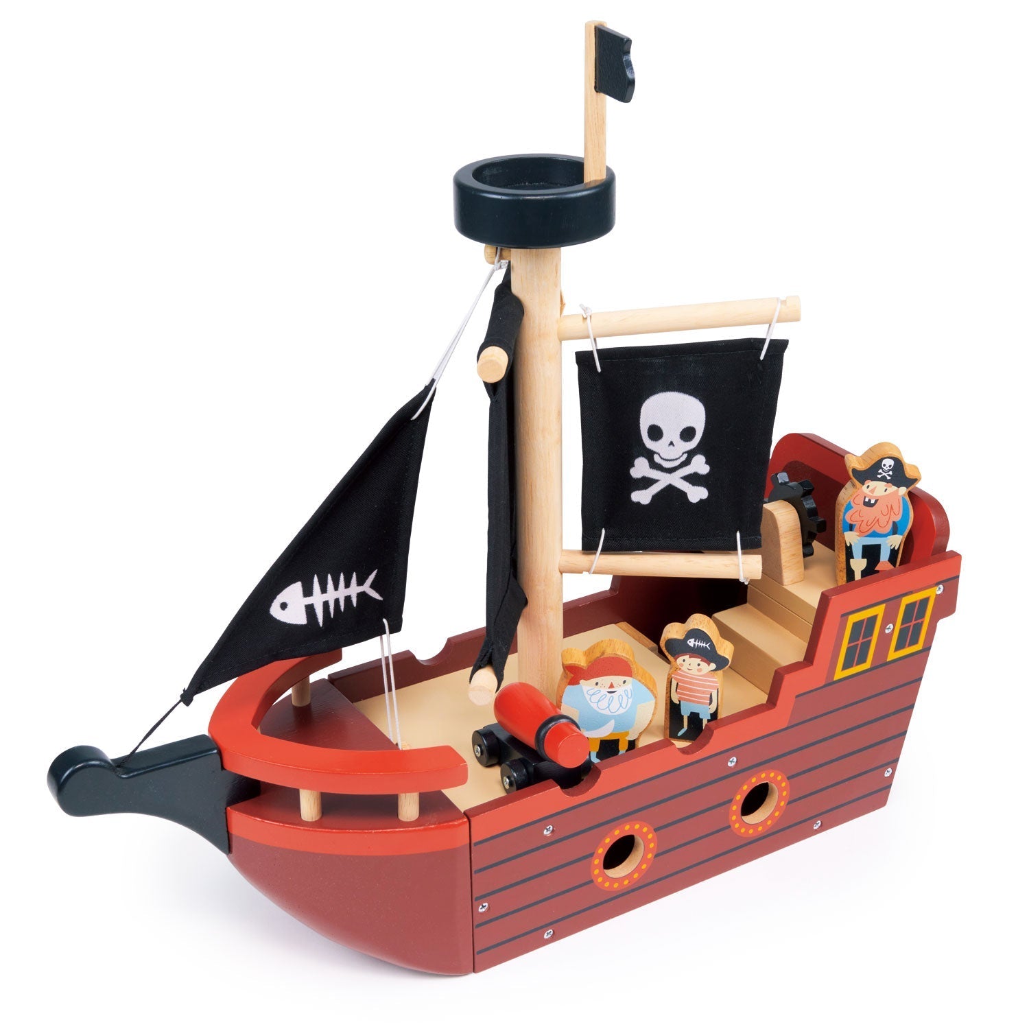 Wooden Pirate Ship Toy with Sailors and Cannon